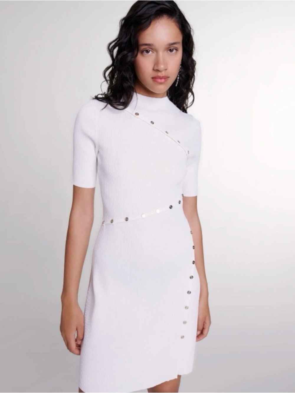 Maje White Short-Sleeve Knit Dress with Metallic Stud Trim